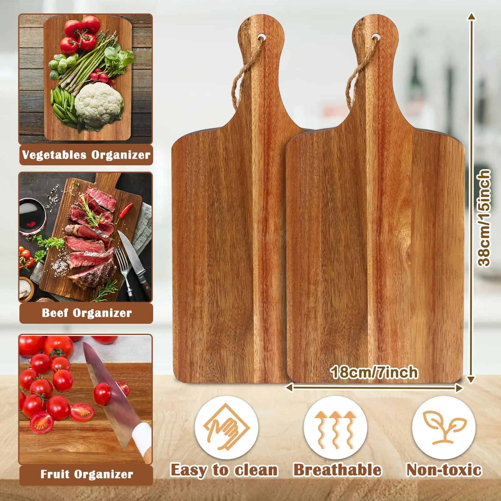 10 Packs Acacia Wood Cutting Board, 15 x 7 Inch Plain Chopping Board with Handles Large Serving Board Wooden Kitchen Cutting Board Bulk with Ropes