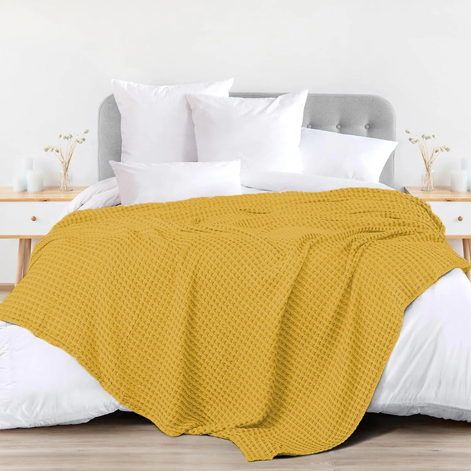 100% Cotton Waffle Weave Blanket / Cotton Dohar for Bedroom - Musturd