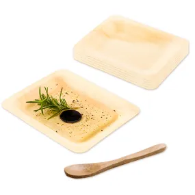 200 Rectangle Natural 4.75" Wood Plates and 200 Natural Bamboo 3.5" Mini Spoons