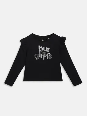 Blue Giraffe Girls Black Printed Round Neck Full Sleeves T-Shirt