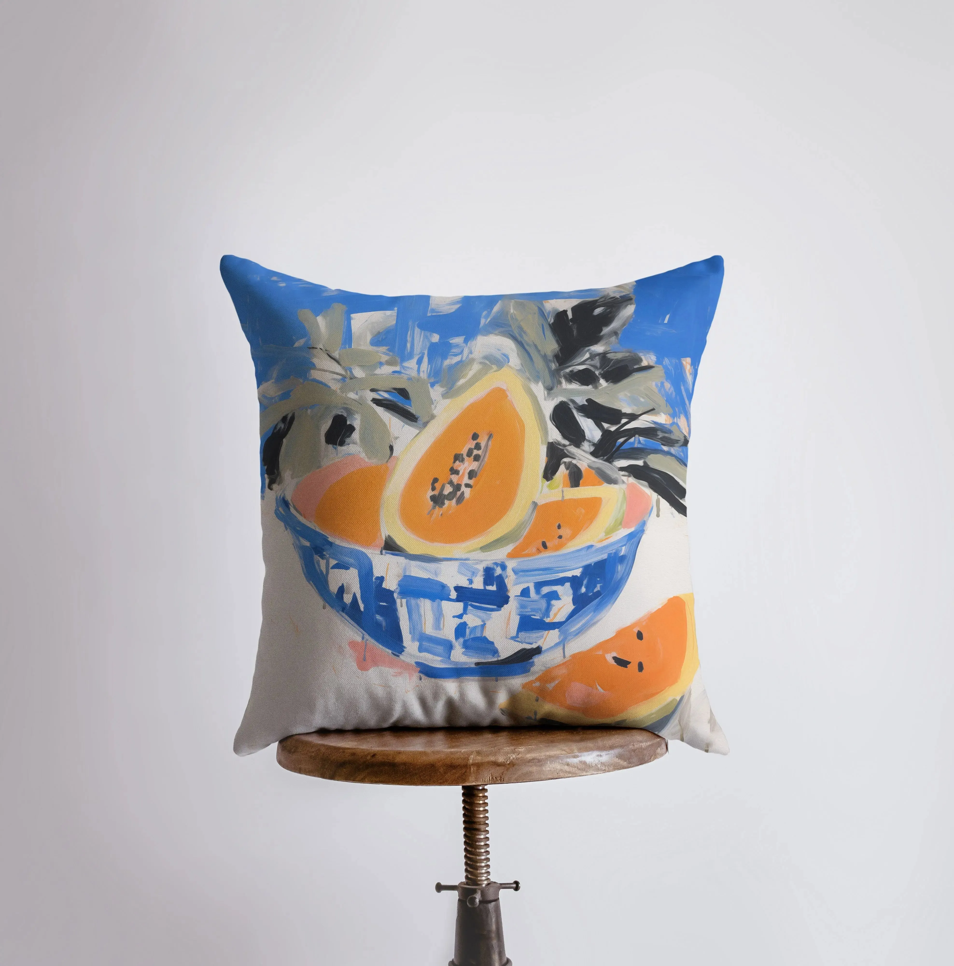 Blue Papaya Bowl | Gouache Painting | Food Pillow | Fruit Abstract Still Life | Throw Pillow | Home Decor | Gift for Her | Pillow Cover