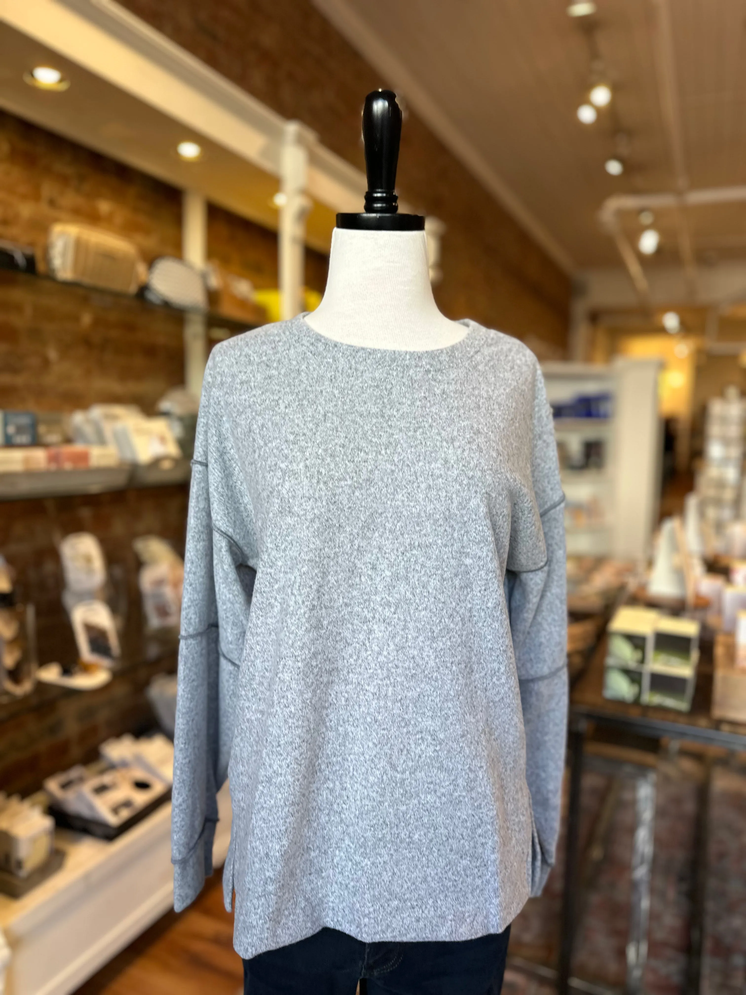 Brushed Exposed Seam Long Sleeve Top in Grey