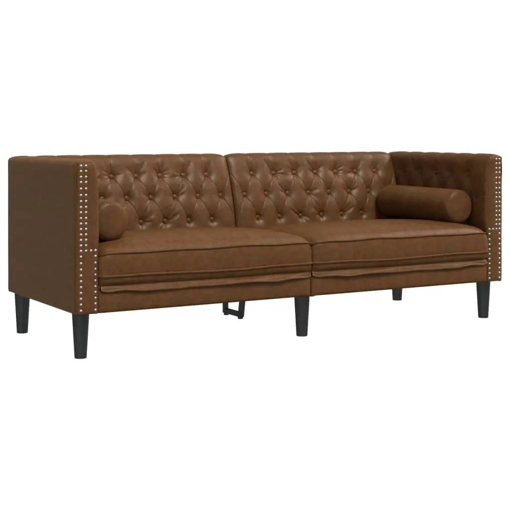 Chesterfield Sofa with Bolsters 3-Seater Brown Faux Suede Leather