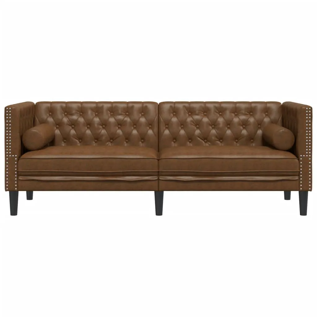 Chesterfield Sofa with Bolsters 3-Seater Brown Faux Suede Leather