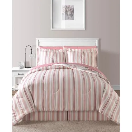 FiDEL 8pcs Pink Floral Roses & Stripes Spring Cal King Comforter Set