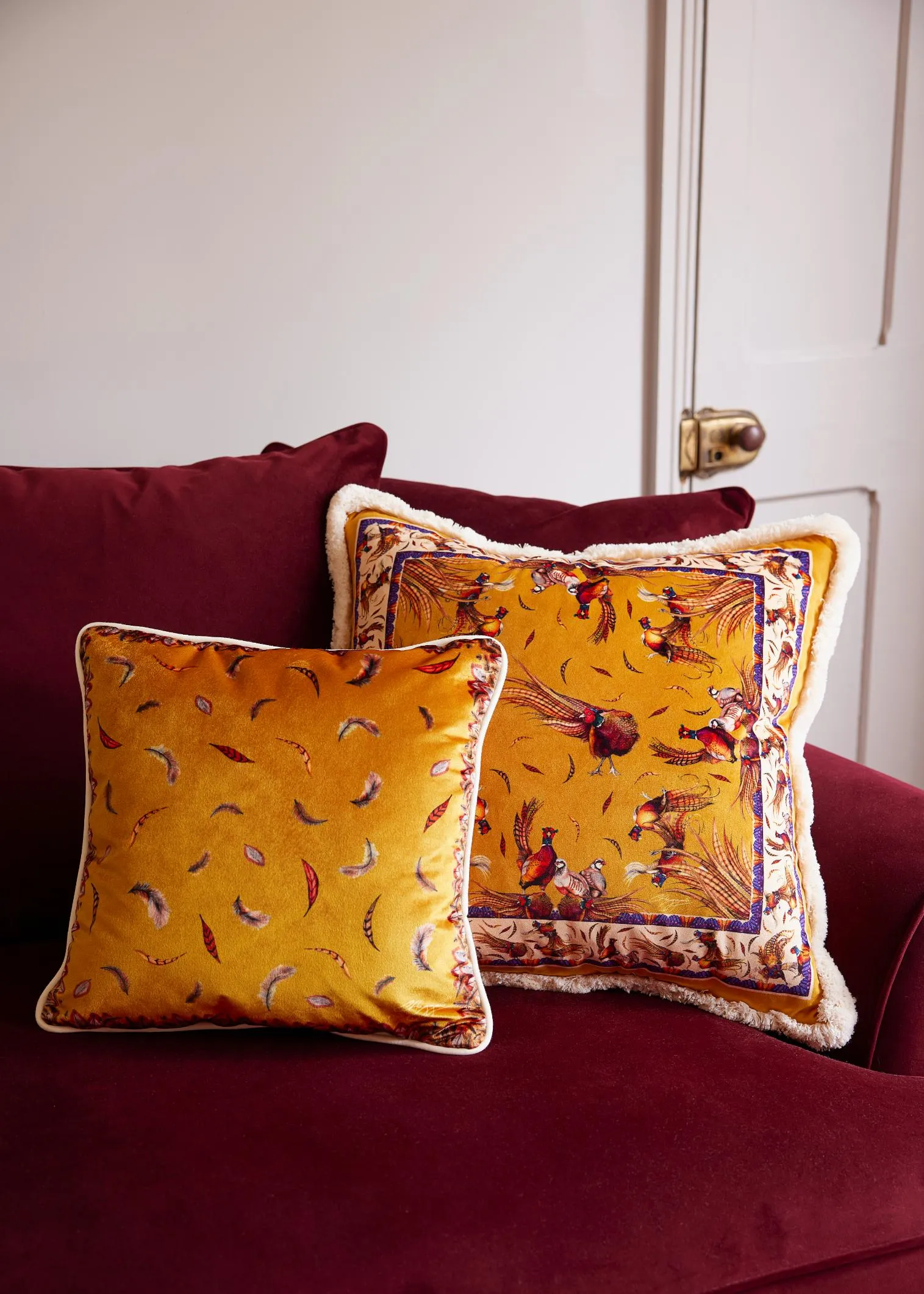 Floating Feather Small Piped Plush Velvet Cushion in Gold