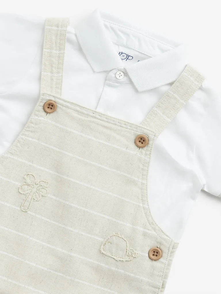 HOP Baby Beige Pinstriped Dungaree with T-Shirt Set