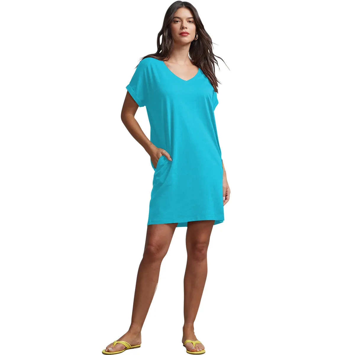 Ladies Side Pocket V-Neck Long T-shirt Shift Dress