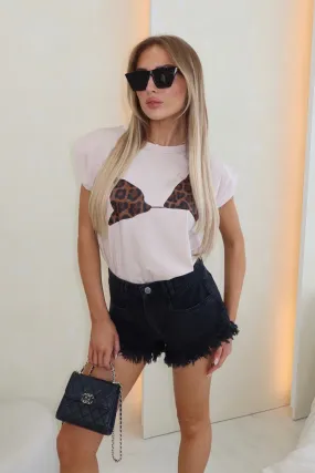 Leopard bra printed stone shoulder pad t-shirt