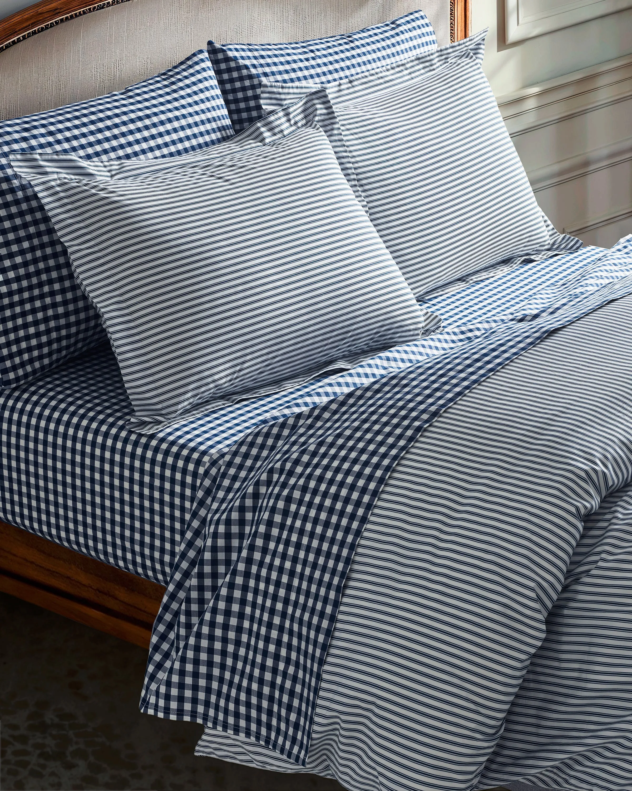 Luxe Premium Percale Duvet Set in Navy French Ticking