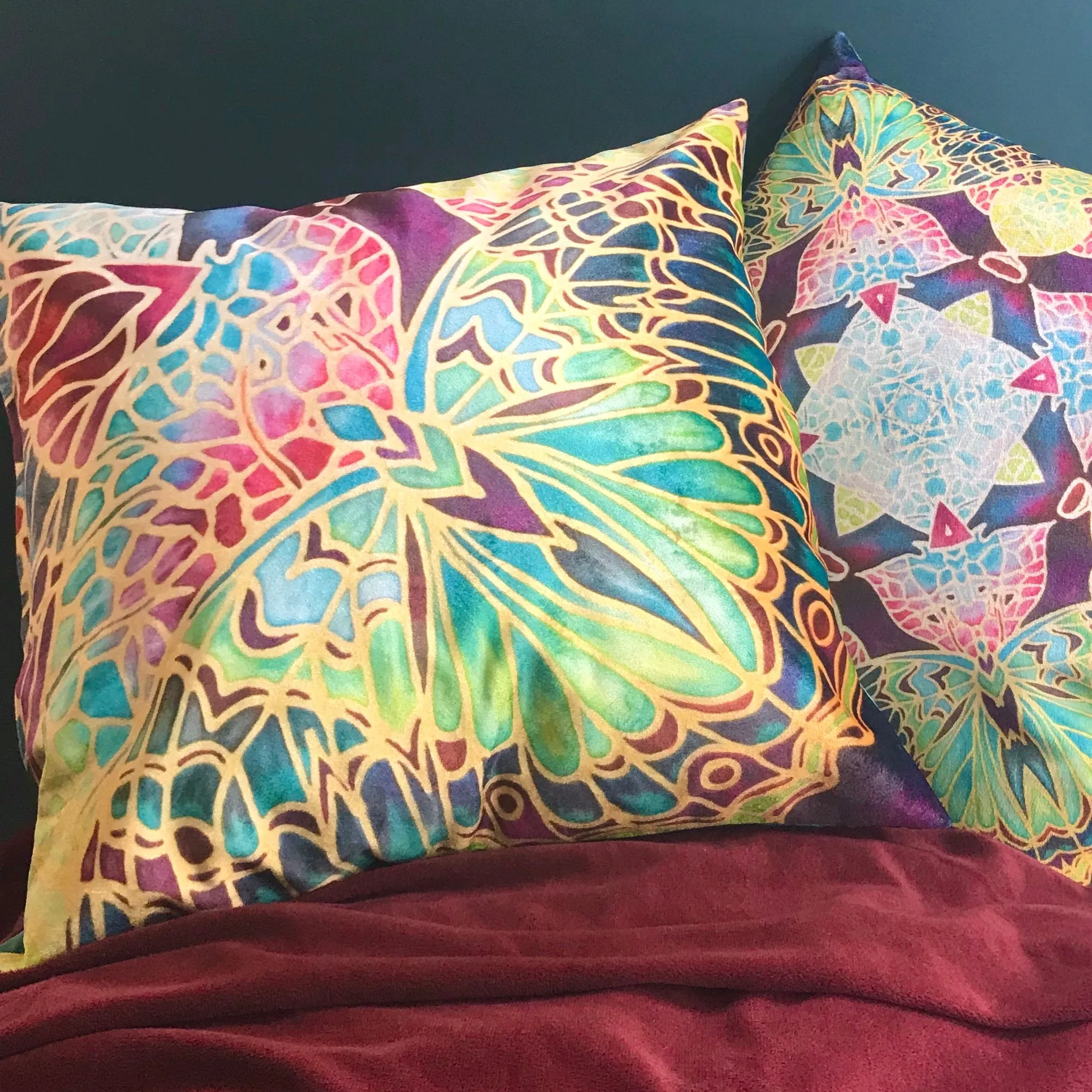 Luxurious Teal Butterfly Velvet Cushions, Green Lime Red & Plum Velvet Pillows