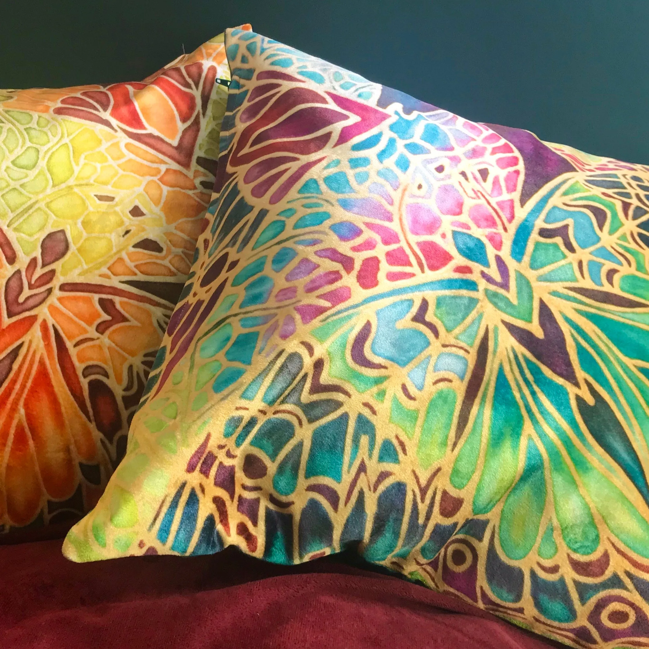 Luxurious Teal Butterfly Velvet Cushions, Green Lime Red & Plum Velvet Pillows