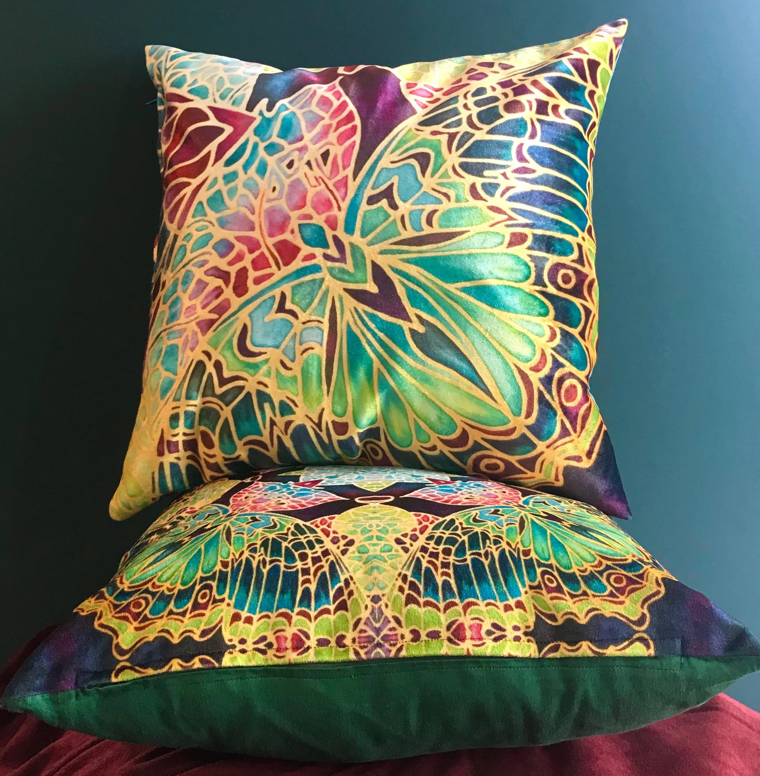 Luxurious Teal Butterfly Velvet Cushions, Green Lime Red & Plum Velvet Pillows