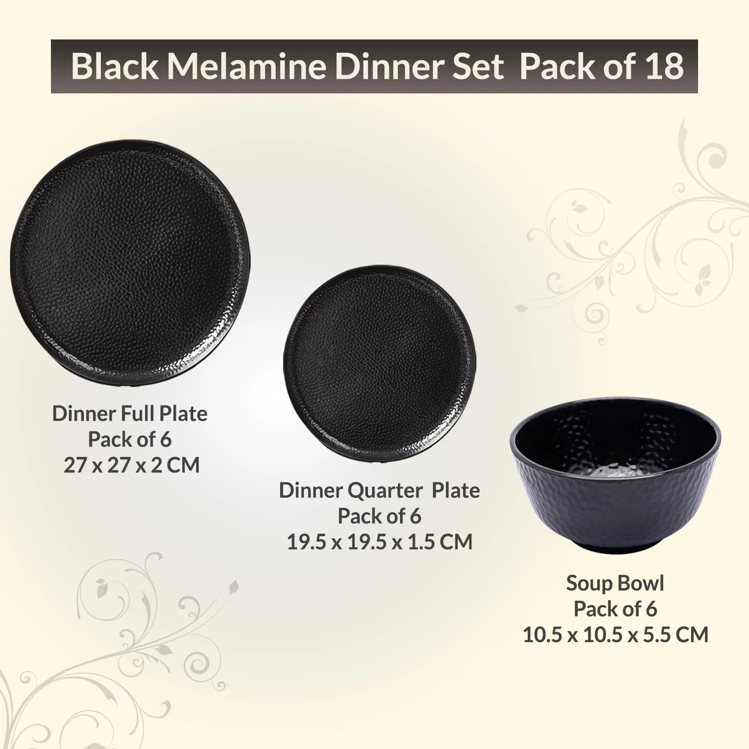 Market 99 Black Melamine Dinner Set Of 18 Pcs - 6 Full & 6 Quarter Plates   6 Bowls - Solid