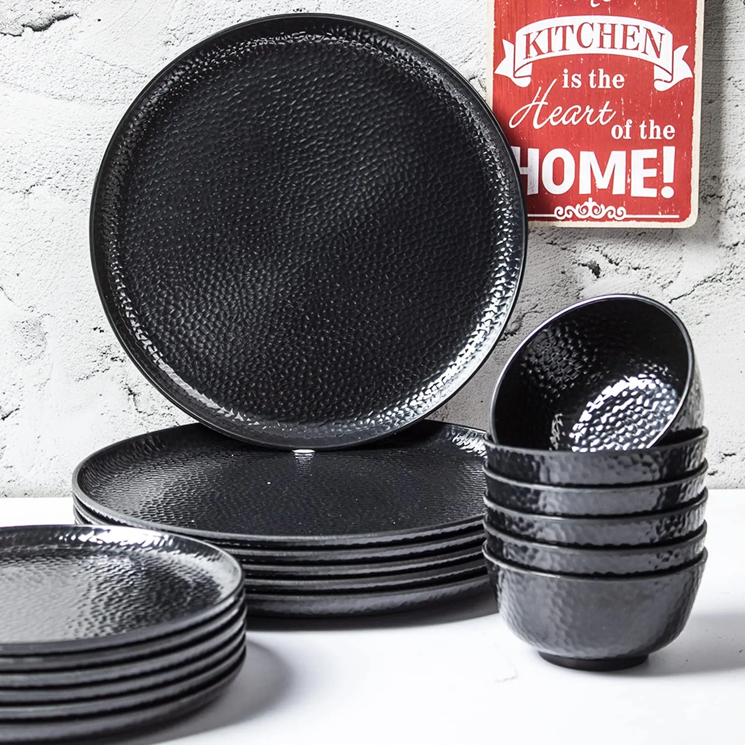 Market 99 Black Melamine Dinner Set Of 18 Pcs - 6 Full & 6 Quarter Plates   6 Bowls - Solid