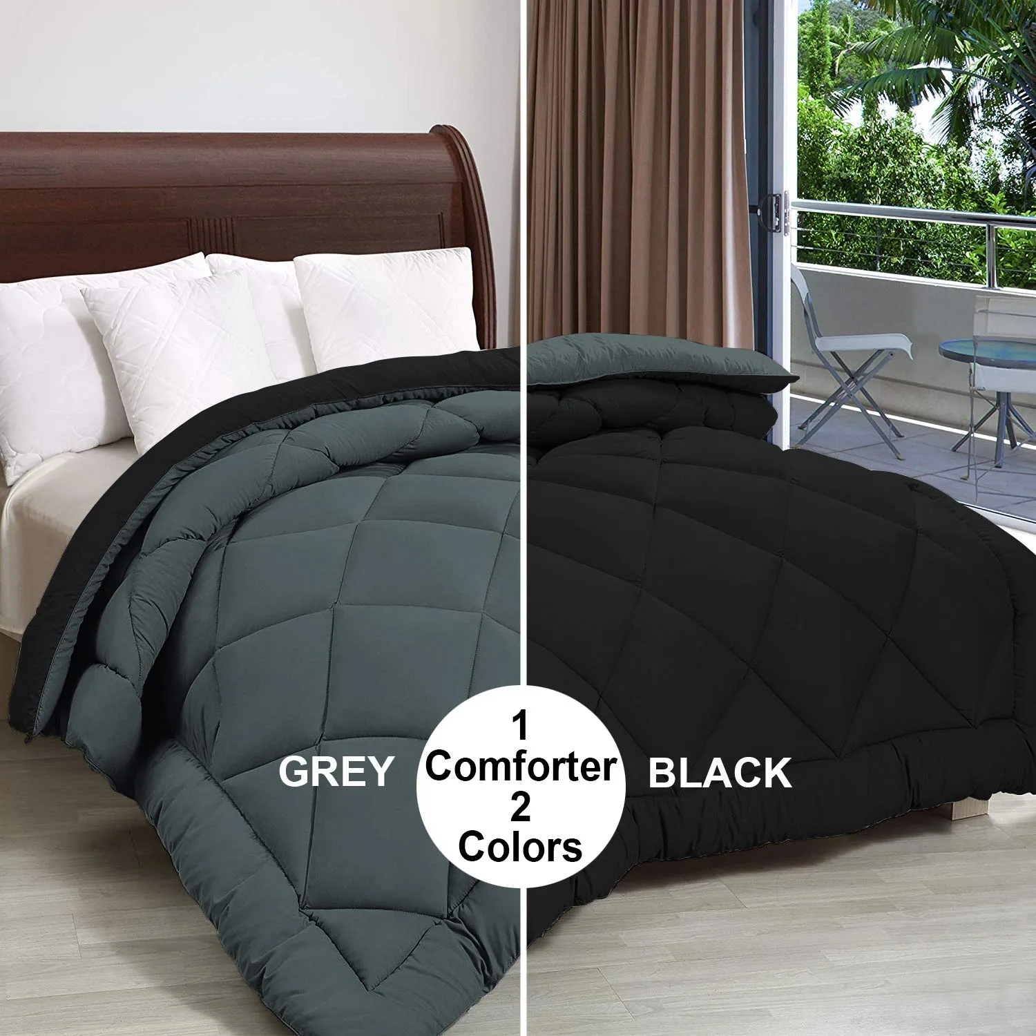 Microfiber Reversible AC Comforter for Double Bed: Black & Grey