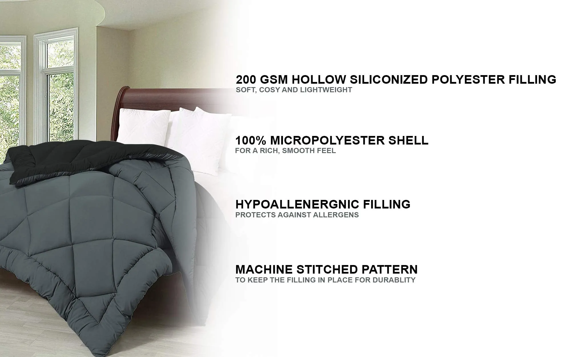 Microfiber Reversible AC Comforter for Double Bed: Black & Grey