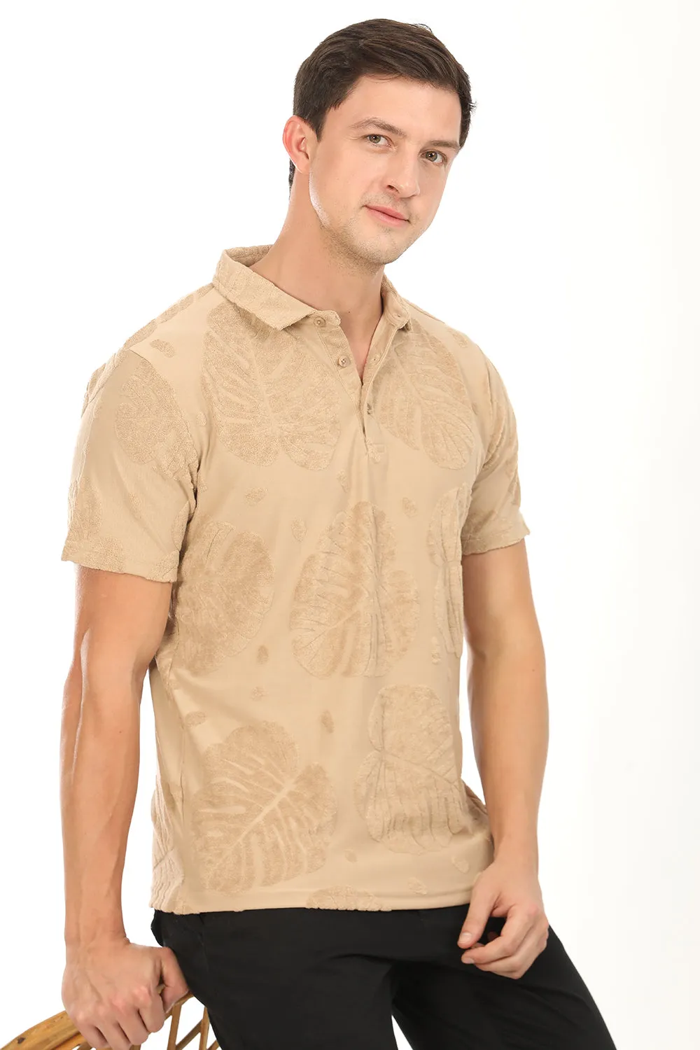 Palm Haven Polo T-Shirt: Beige