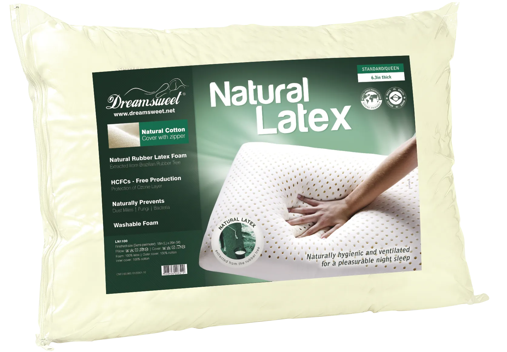 Premium Brazilian Natural Latex Classic Shape Cervical Pillow with 100% Percale Cotton Cover - FIRM