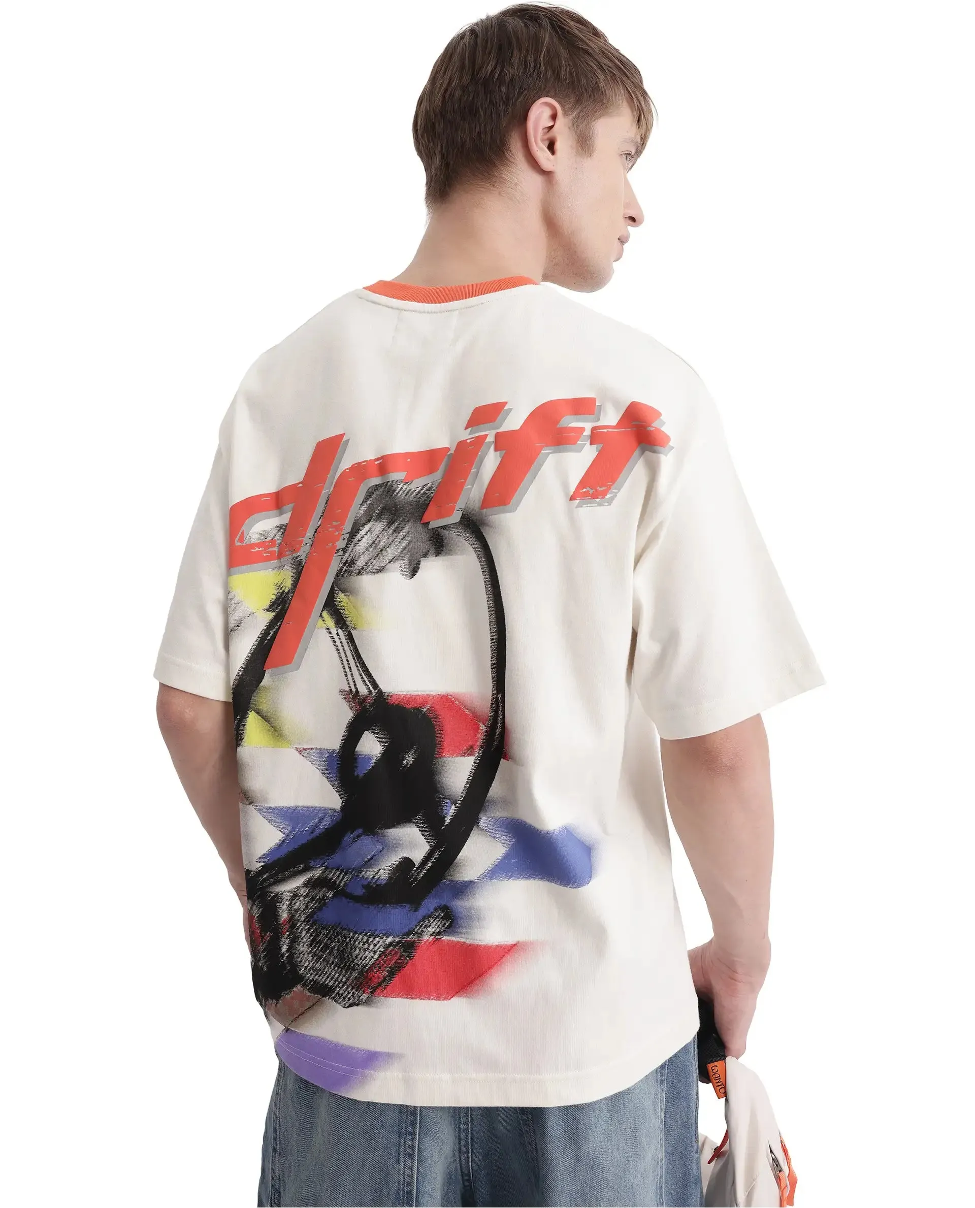 Rare Rabbit Men Drift Off White Cotton Fabric Short Sleeve Crew Neck Oversized Fit Hd Backprint T-Shirt