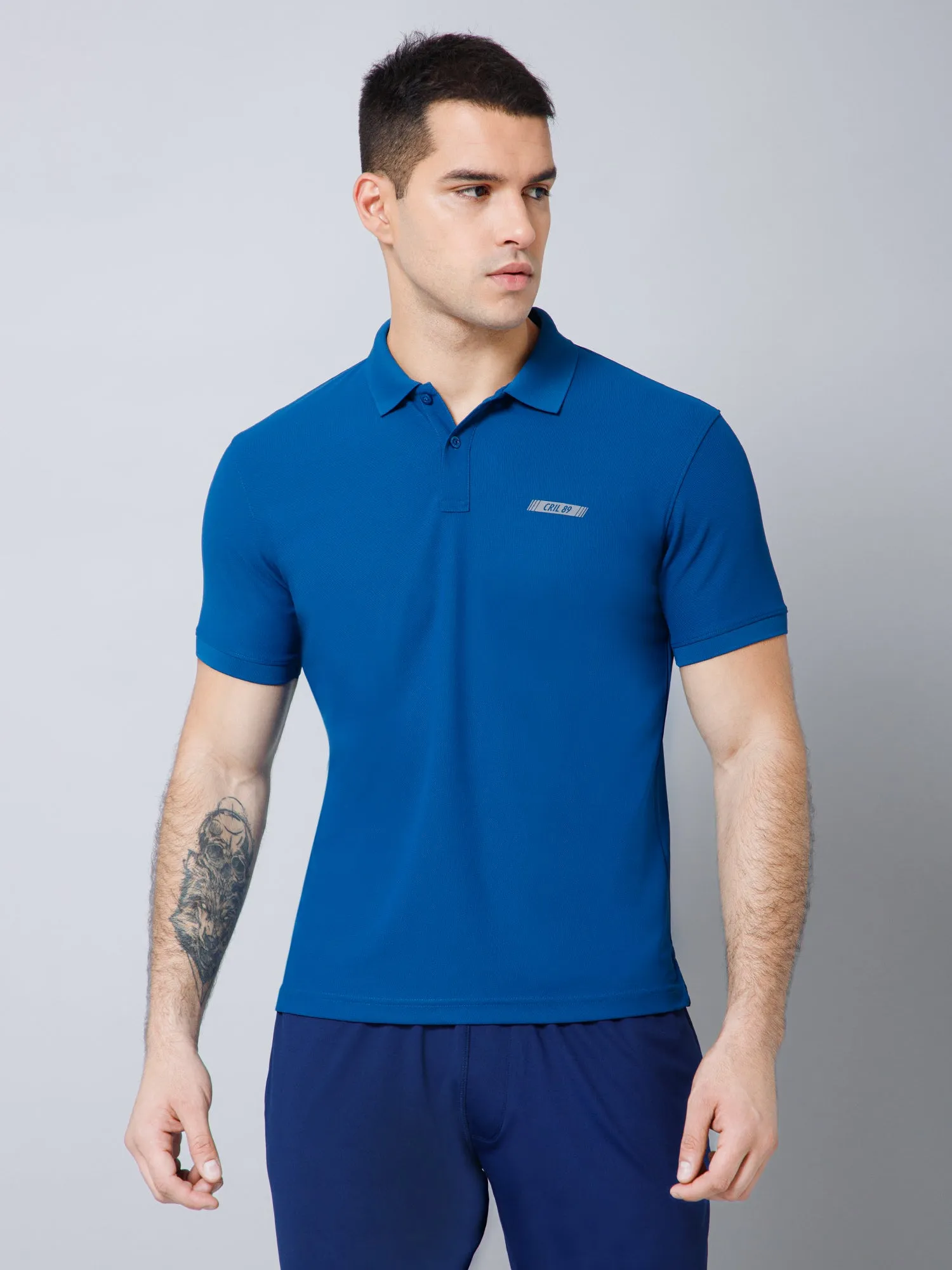 Regular Fit Solid Polo Neck Half Sleeve Blue Active Wear T-Shirt for Men