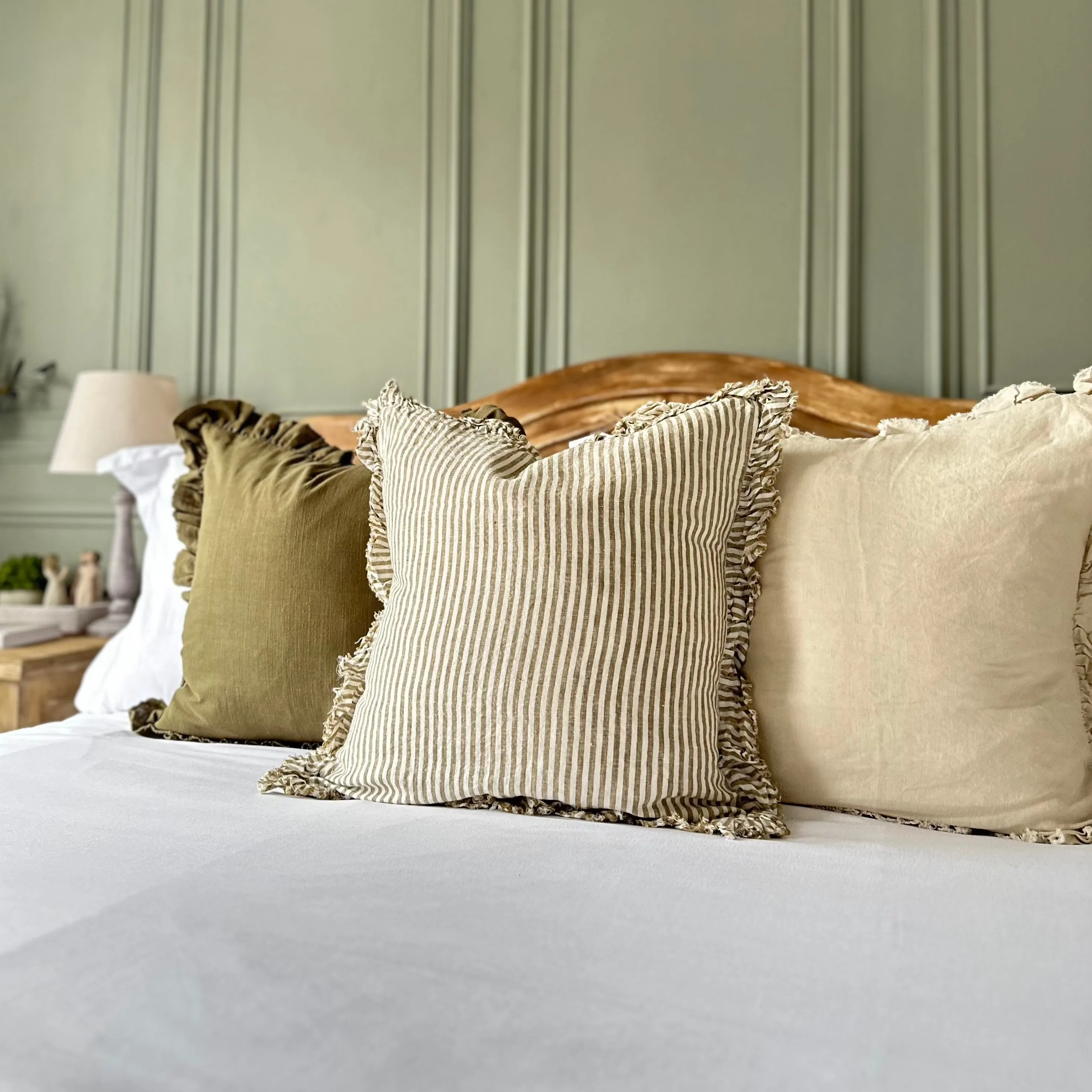 Ruffled Linen Cream and Olive Chunky Stripe