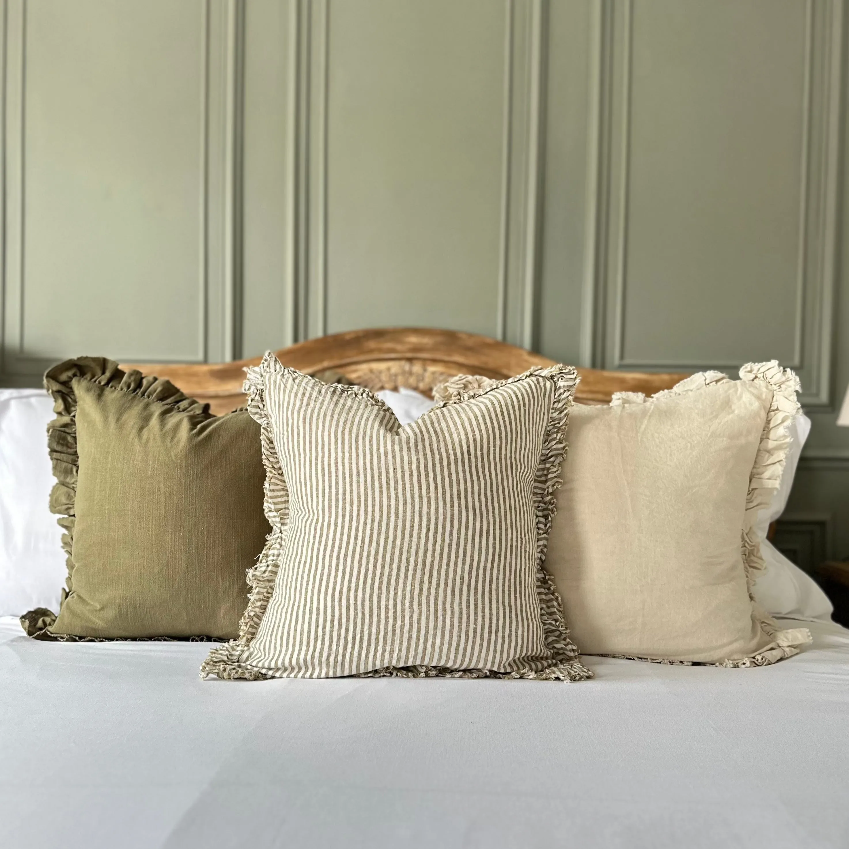 Ruffled Linen Cream and Olive Chunky Stripe