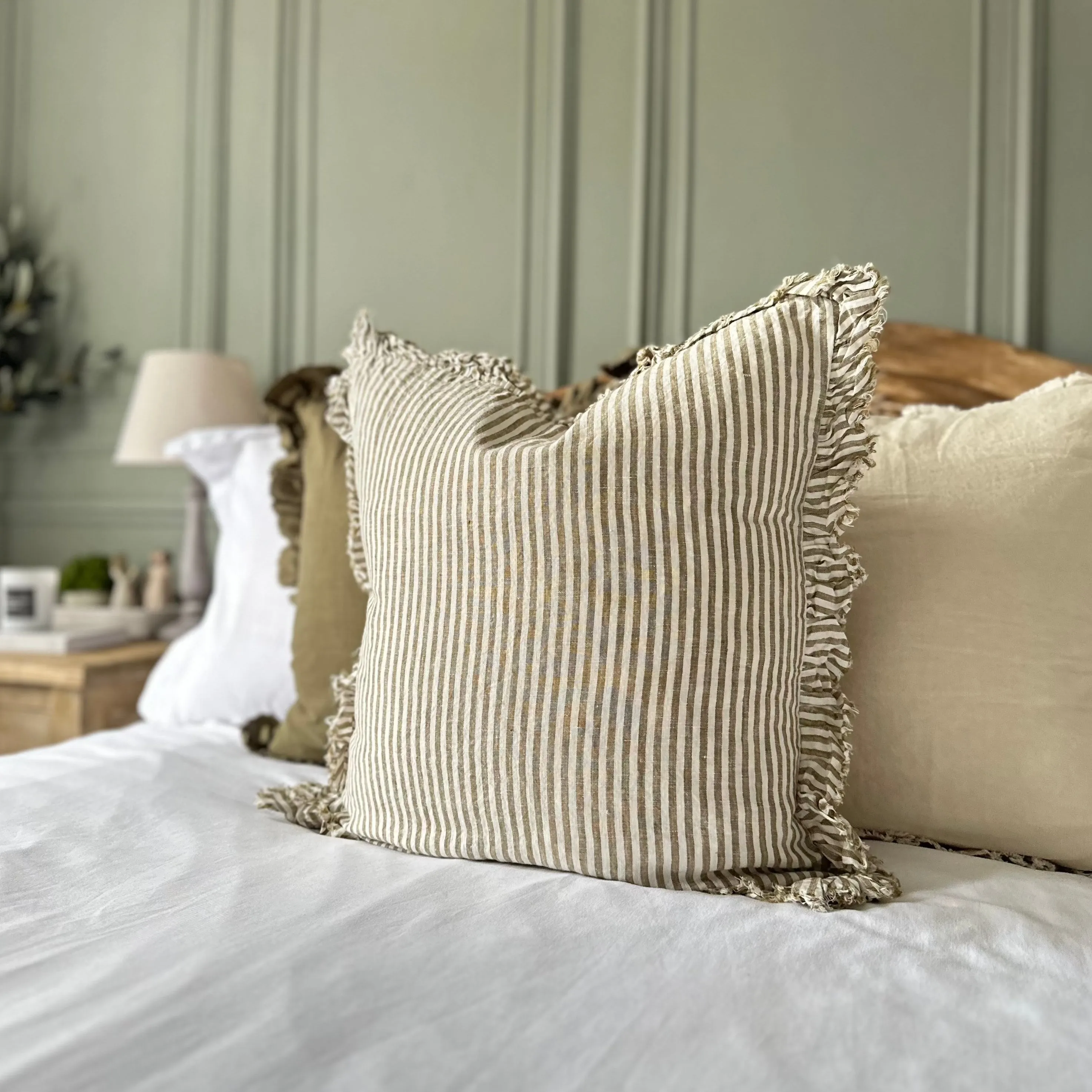 Ruffled Linen Cream and Olive Chunky Stripe