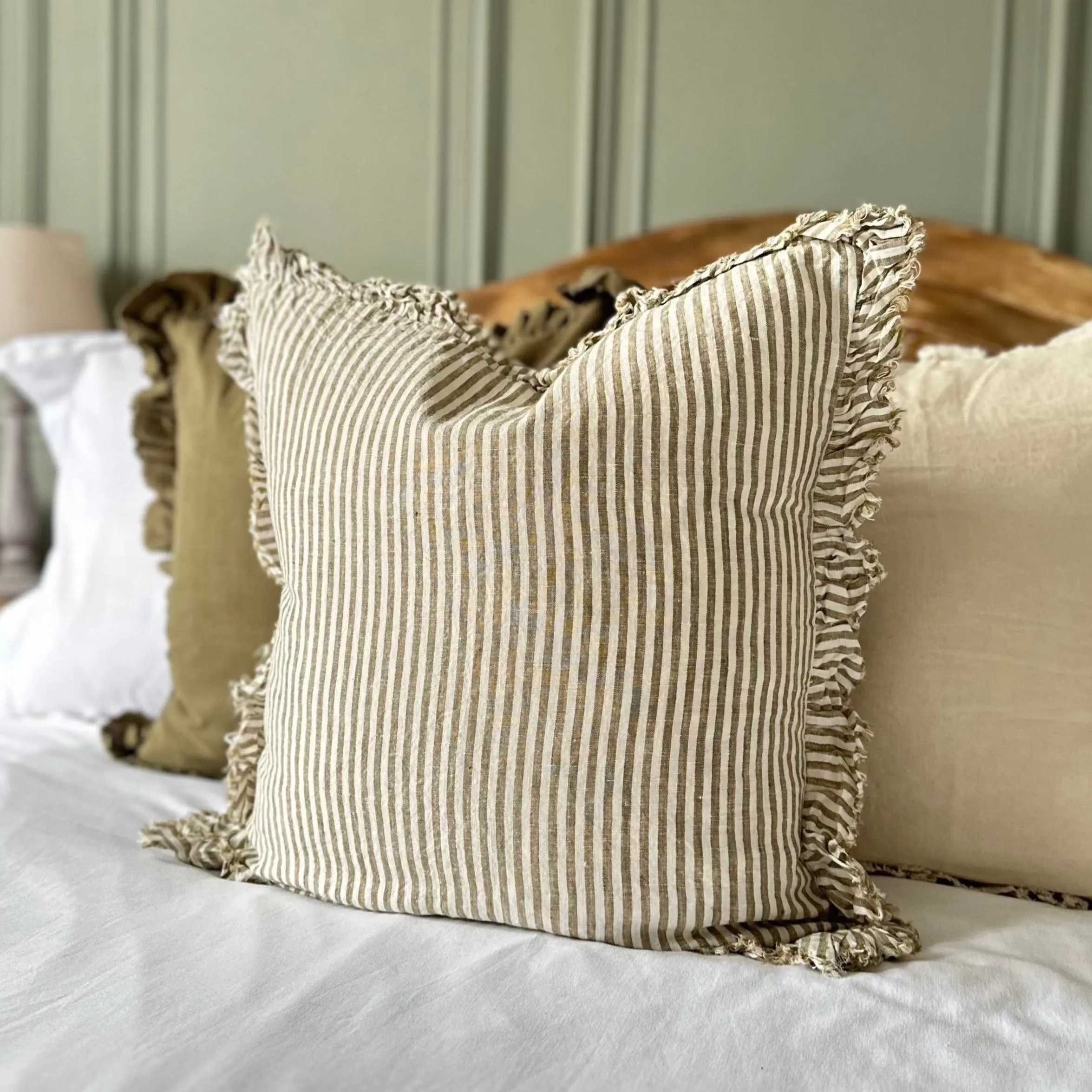 Ruffled Linen Cream and Olive Chunky Stripe