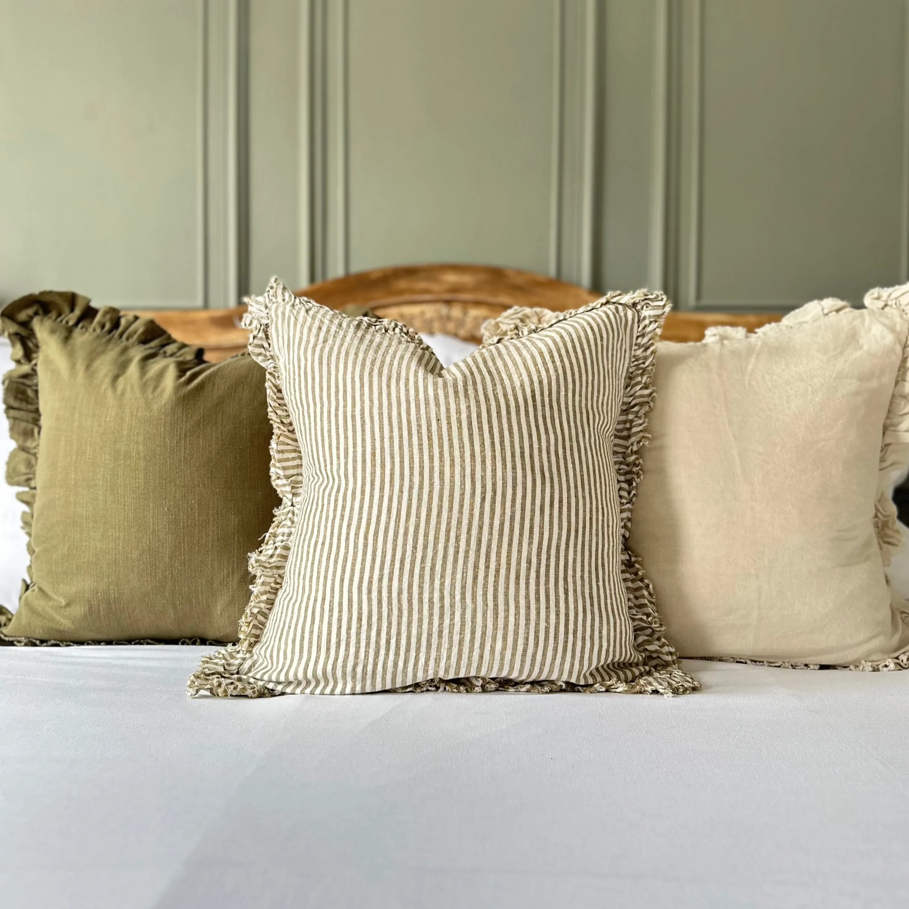 Ruffled Linen Cream and Olive Chunky Stripe