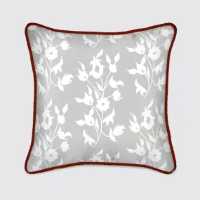 Silk Cushion - White Foliage On Grey