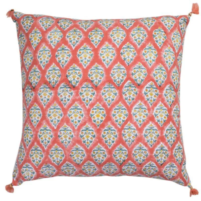 Traditional Hand Processed Block Printed Coral Cushion with Insert - 45cm x 45cm x 10cm